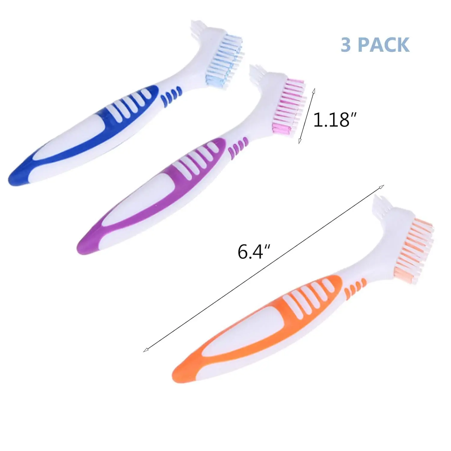 This set of three denture cleaning brushes features double-sided, multi-layered bristles and ergonomic handles for effective and comfortable false teeth cleaning.