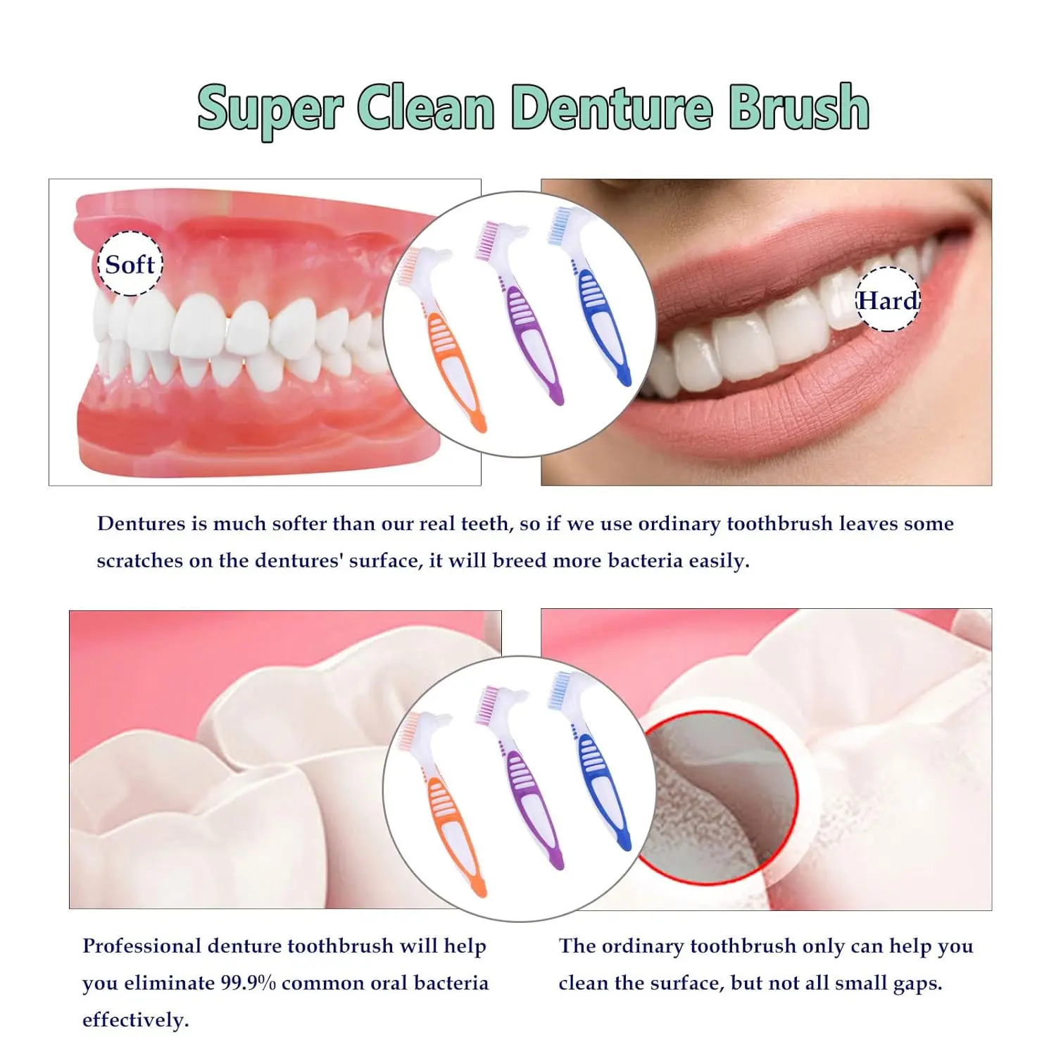 This set of three denture cleaning brushes features double-sided, multi-layered bristles and ergonomic handles for effective and comfortable false teeth cleaning.