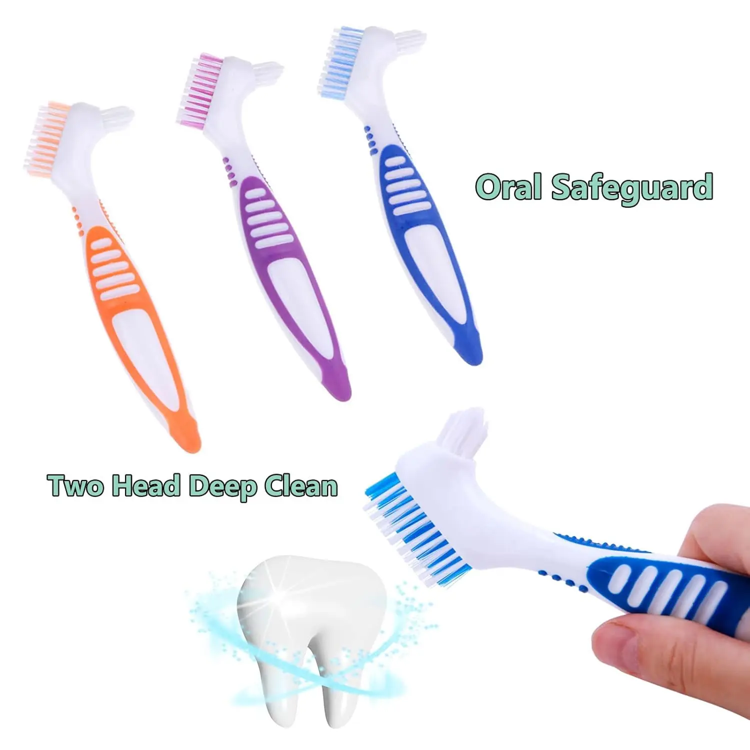 This set of three denture cleaning brushes features double-sided, multi-layered bristles and ergonomic handles for effective and comfortable false teeth cleaning.