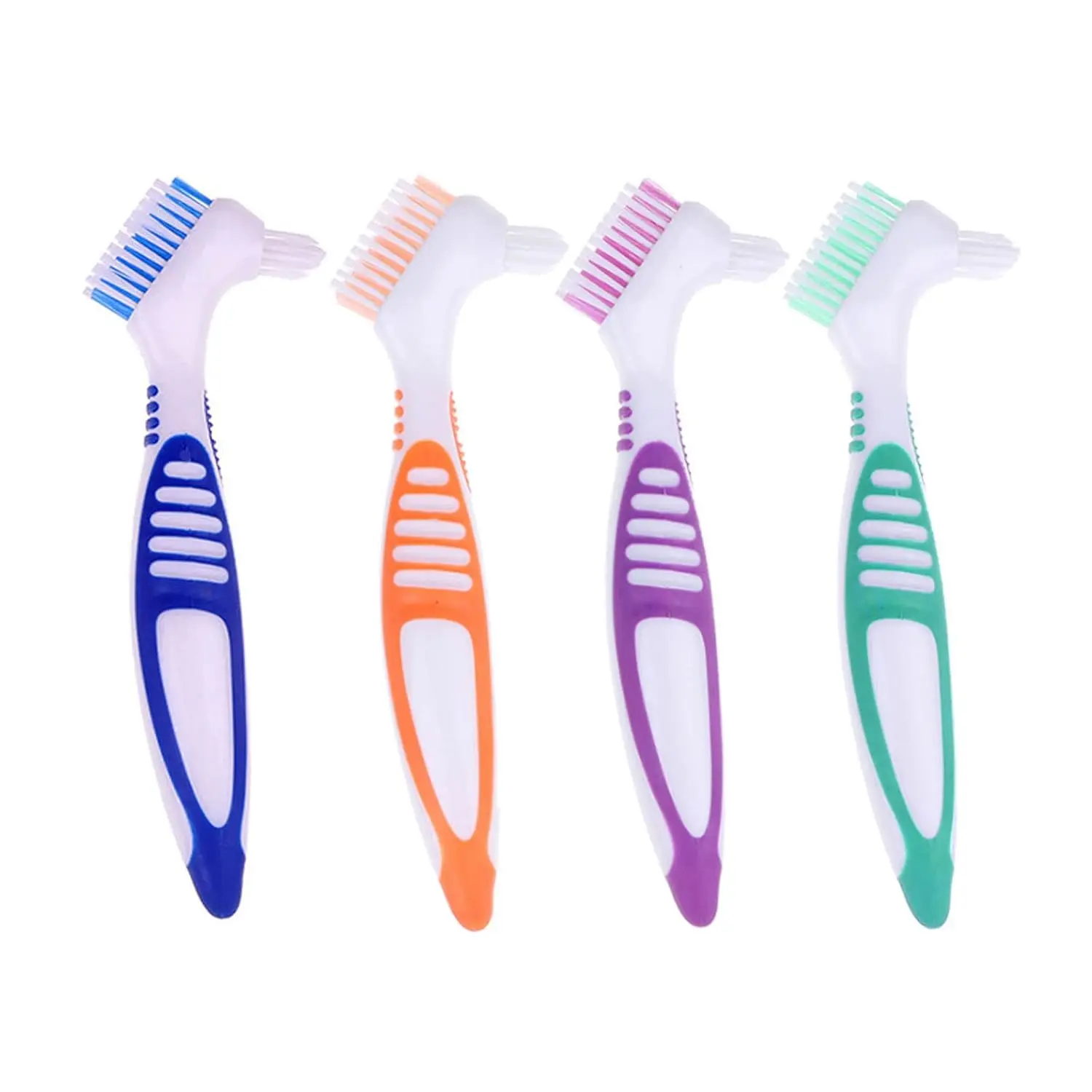 This set of four denture brushes in assorted colors is designed with moderate, multi-layer bristles and a comfort grip handle for effective and gentle cleaning of false teeth, making it ideal for travel and daily use.