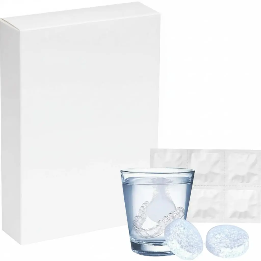 Close-up of denture cleaning tablets dissolving in water, effectively cleaning dentures and other dental appliances, leaving them fresh and stain-free.