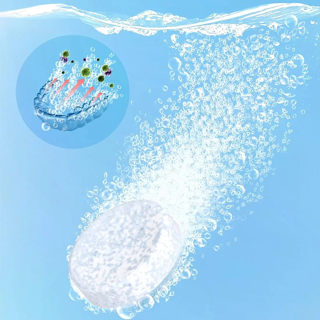 Close-up of denture cleaning tablets dissolving in water, effectively cleaning dentures and other dental appliances, leaving them fresh and stain-free.