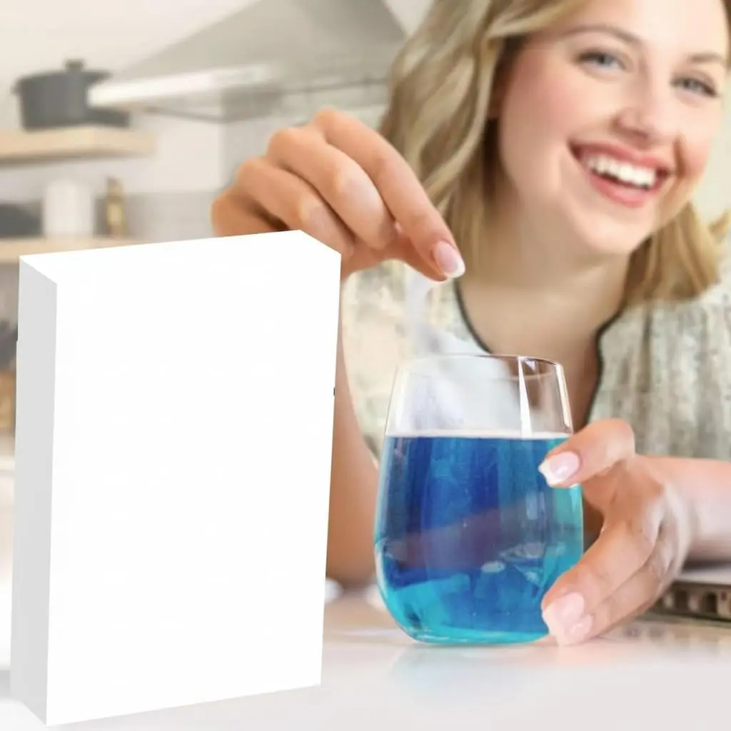 Close-up of denture cleaning tablets dissolving in water, effectively cleaning dentures and other dental appliances, leaving them fresh and stain-free.