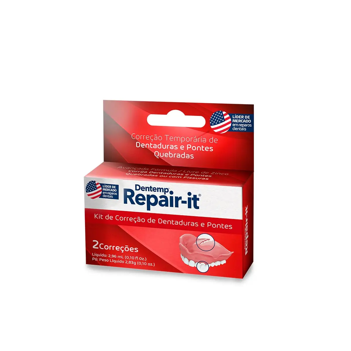 The Dentemp denture repair kit quickly fixes broken dentures, mends cracks, and replaces loose teeth with its advanced zinc-free formula.