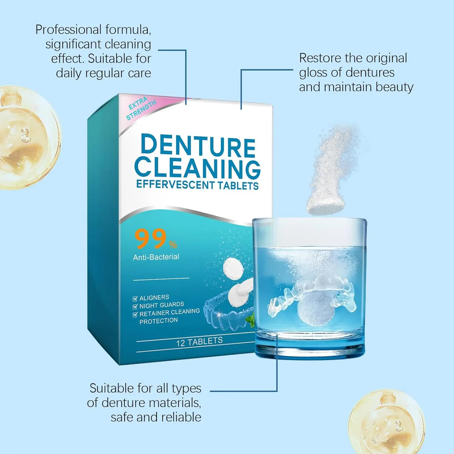 Effervescent denture and retainer cleaner tablets remove stains, odors, and plaque from dental appliances like aligners and mouth guards.