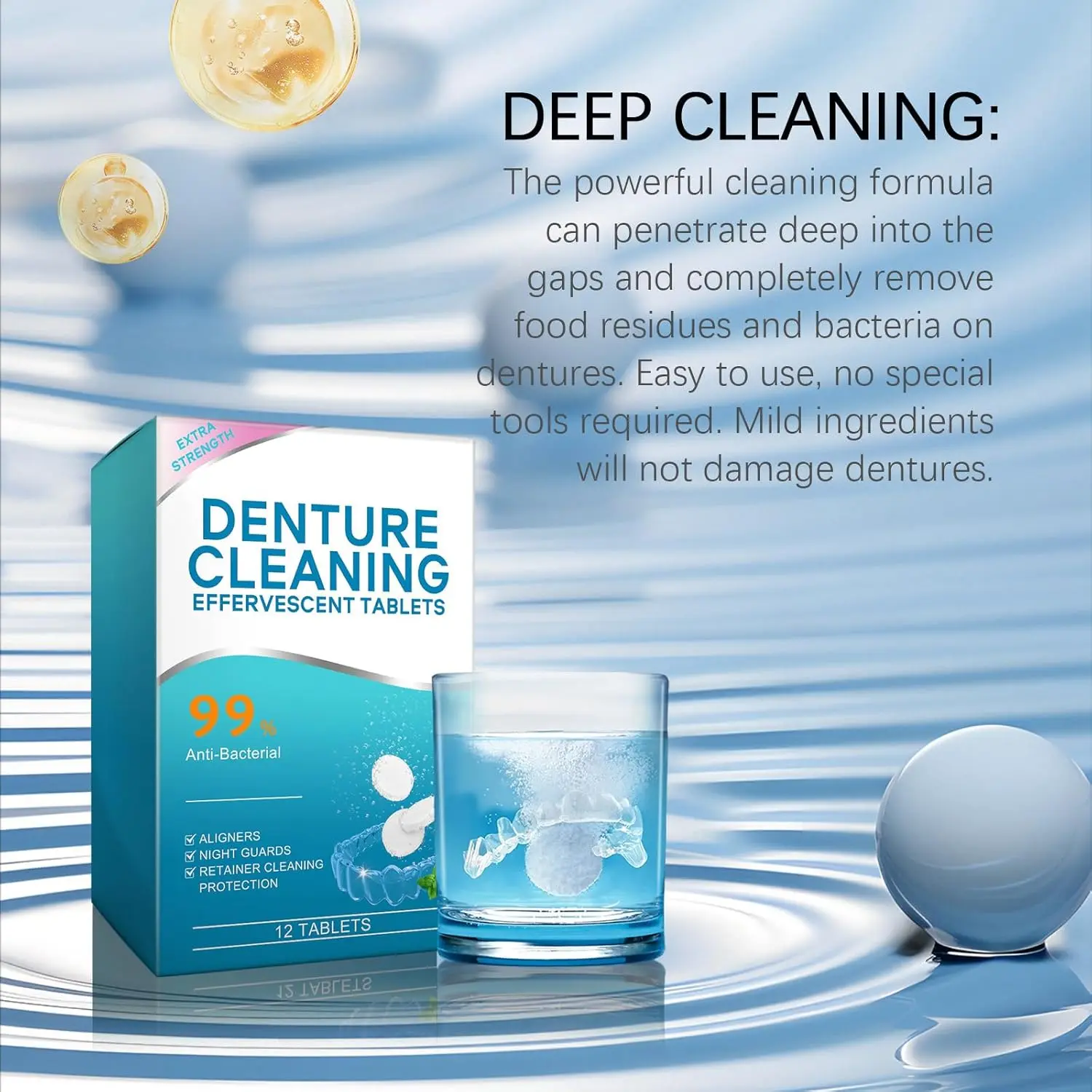 Effervescent denture and retainer cleaner tablets remove stains, odors, and plaque from dental appliances like aligners and mouth guards.