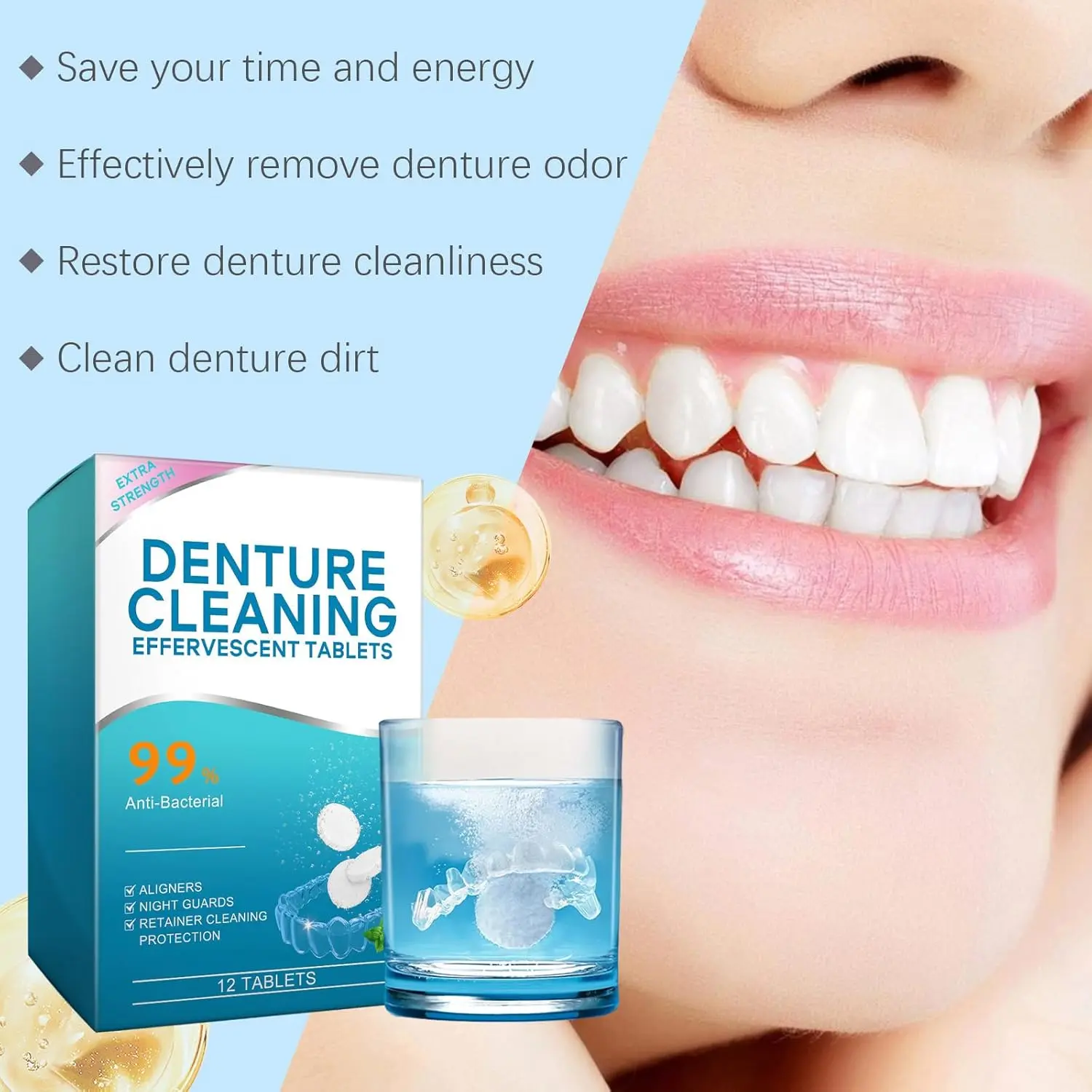 Effervescent denture and retainer cleaner tablets remove stains, odors, and plaque from dental appliances like aligners and mouth guards.