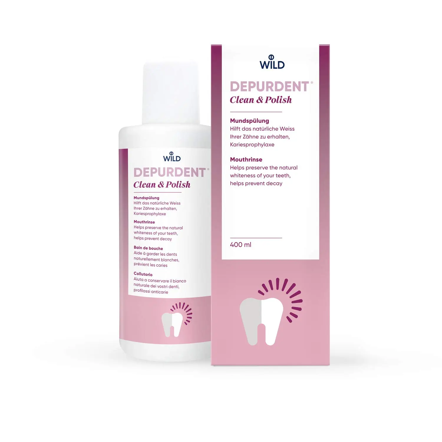Bottle of DEPURDENT mouthwash for teeth whitening, cavity prevention, and fresh breath.