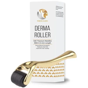 White Gains derma roller with 540 titanium needles, designed to stimulate hair growth on the scalp and beard for both men and women.