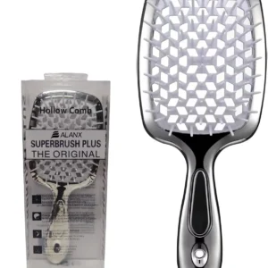 This silver ALANX detangler hairbrush with a honeycomb mesh design gently glides through wet or dry hair, detangling knots and massaging the scalp for healthier, smoother hair.