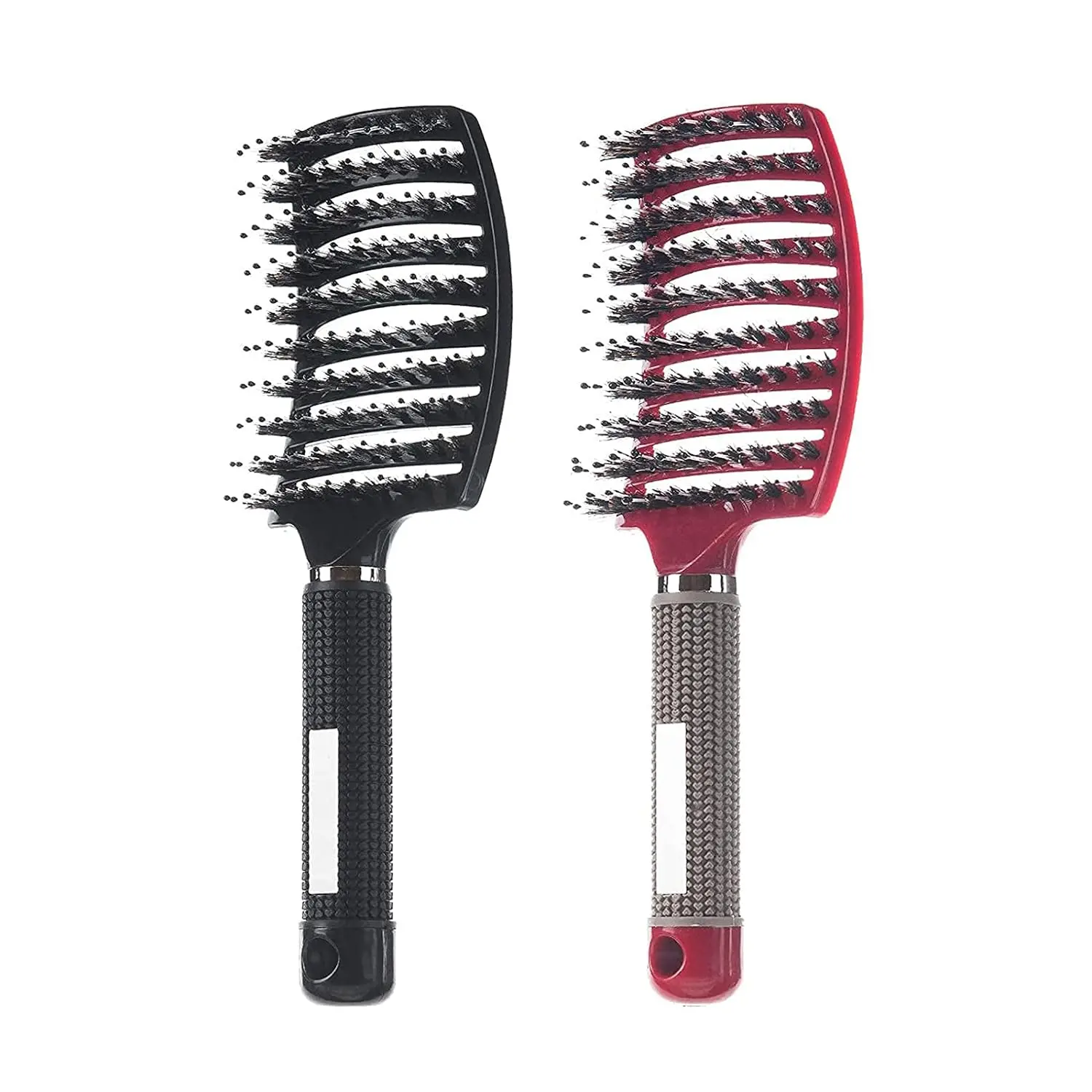 This 2-pack of ELECDON detangling hair brushes, in black and red, features a curved, vented design to gently massage the scalp and distribute oils while styling and detangling wet or dry hair.