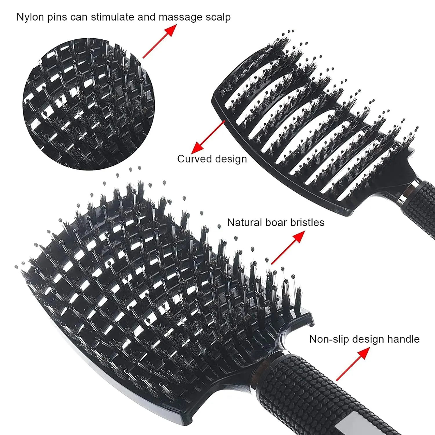 This 2-pack of ELECDON detangling hair brushes, in black and red, features a curved, vented design to gently massage the scalp and distribute oils while styling and detangling wet or dry hair.