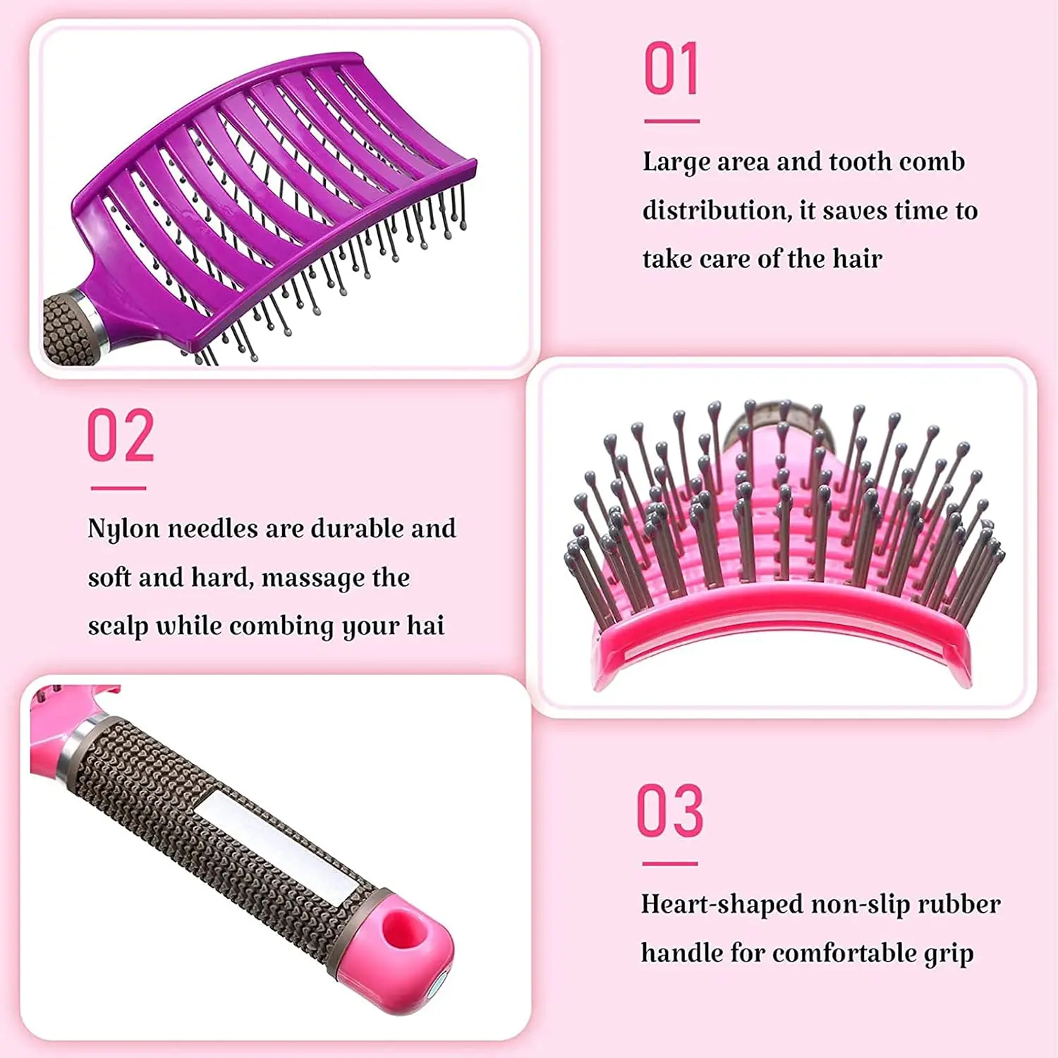 This 2-pack of ELECDON detangling hair brushes, in black and red, features a curved, vented design to gently massage the scalp and distribute oils while styling and detangling wet or dry hair.