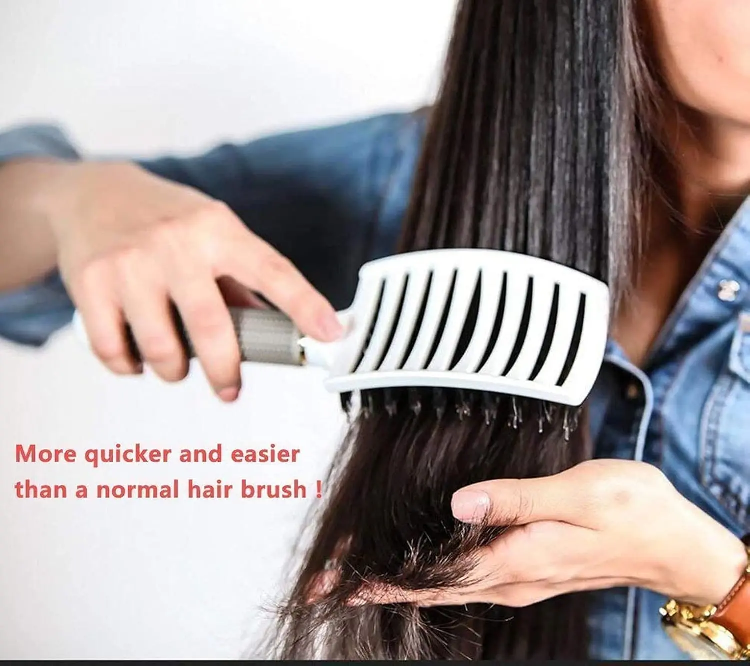 This 2-pack of ELECDON detangling hair brushes, in black and red, features a curved, vented design to gently massage the scalp and distribute oils while styling and detangling wet or dry hair.