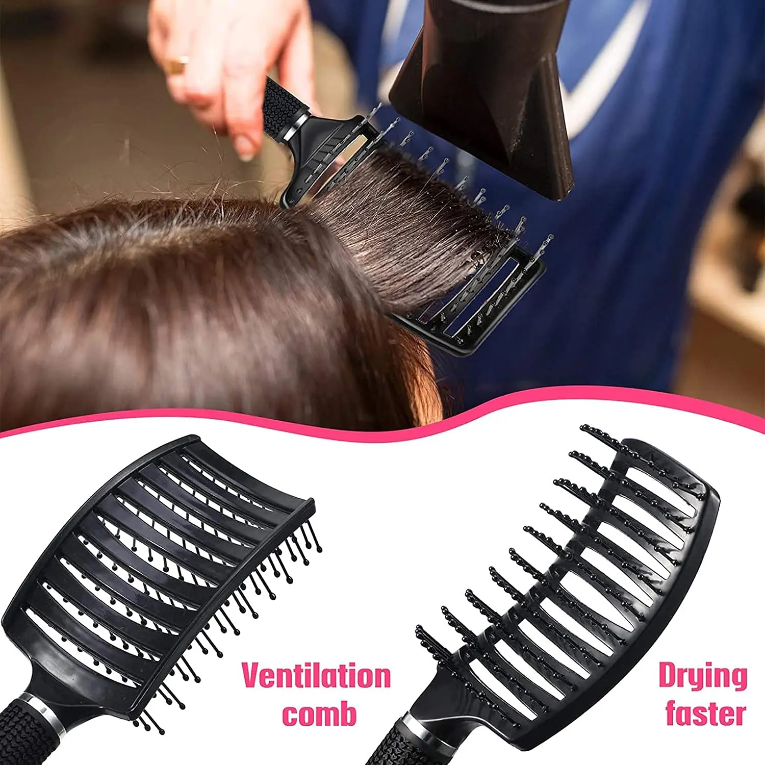 This 2-pack of ELECDON detangling hair brushes, in black and red, features a curved, vented design to gently massage the scalp and distribute oils while styling and detangling wet or dry hair.