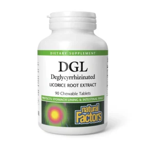 Natural Factors DGL chewable tablets support a healthy GI tract, soothe gastric tissue, and promote optimal digestion.