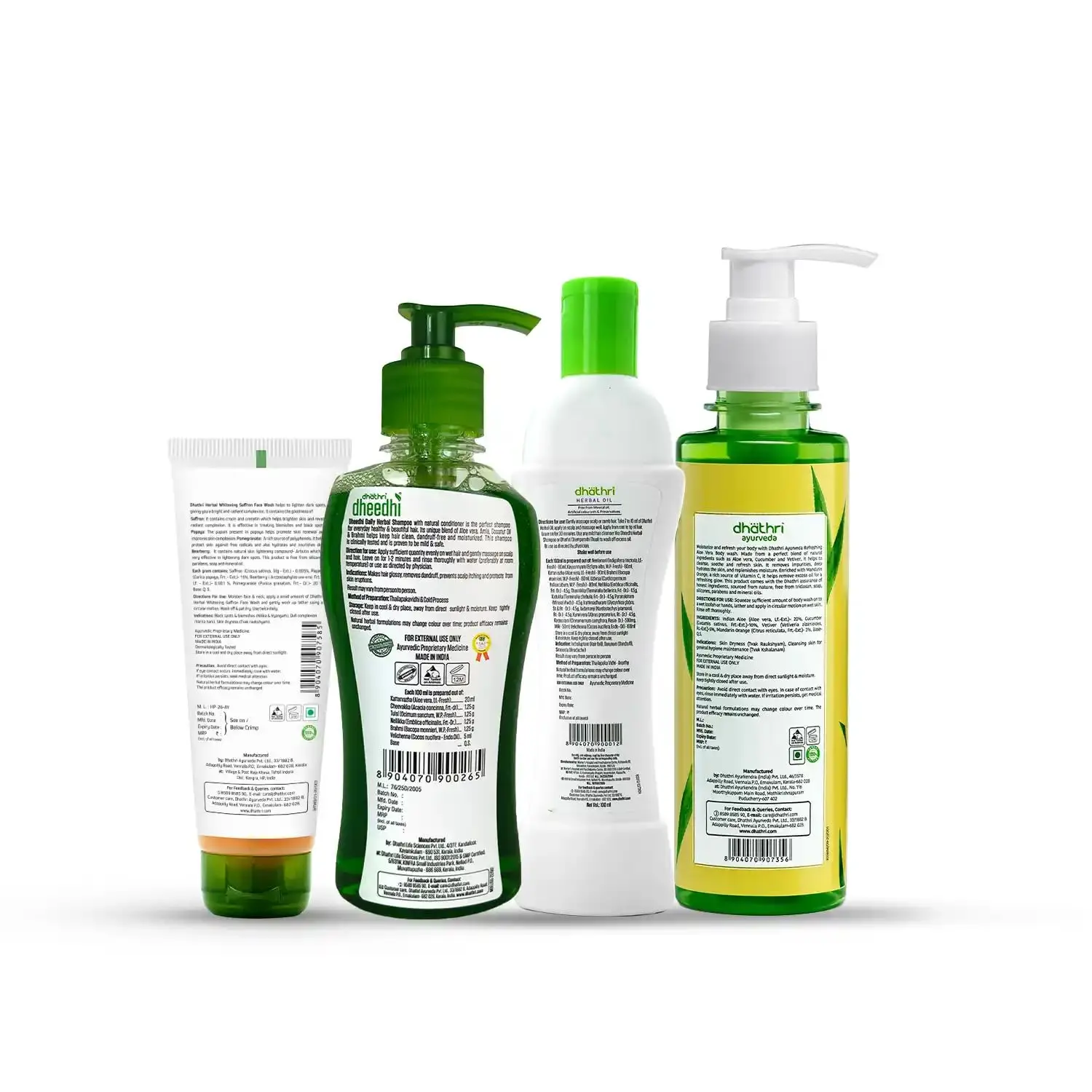 Dhathri daily essentials combo with herbal shampoo, Ayurvedic conditioner, Neem face wash and Oushadha soap for healthy hair and skin.