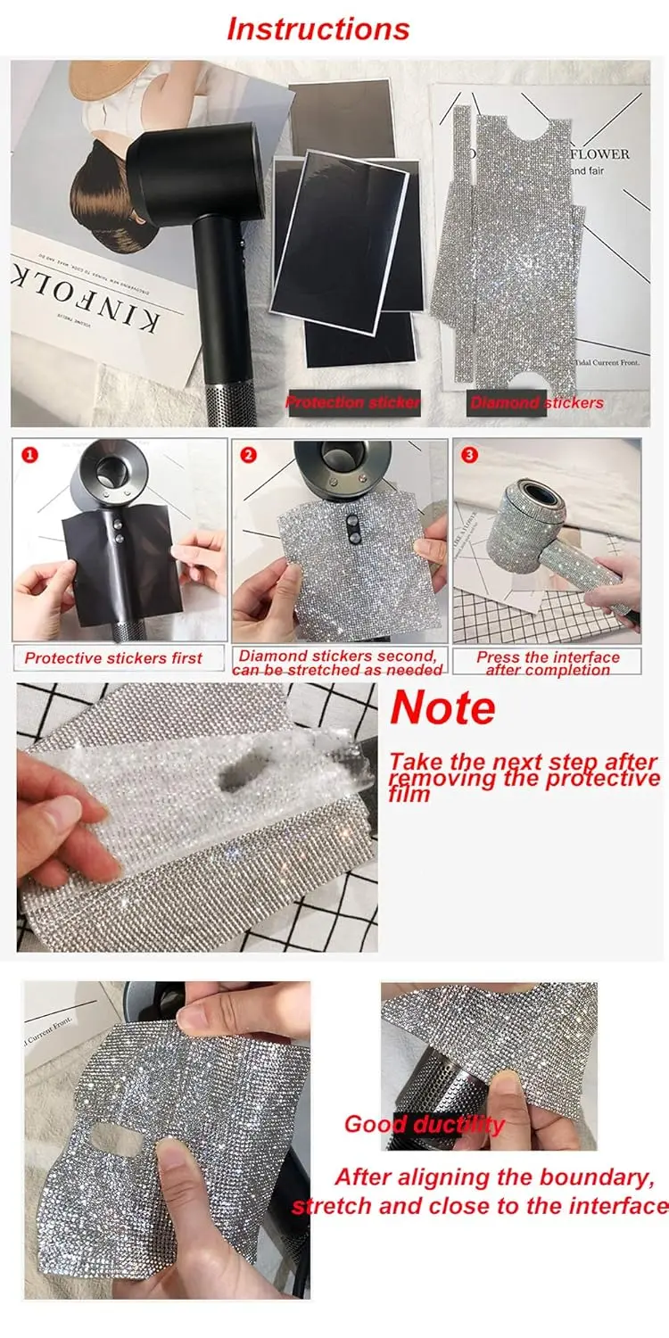 These bright diamond sticker decals add a cool and stylish personality to your Dyson Supersonic hair dryer, making it more beautiful and a perfect gift for Christmas and New Year.