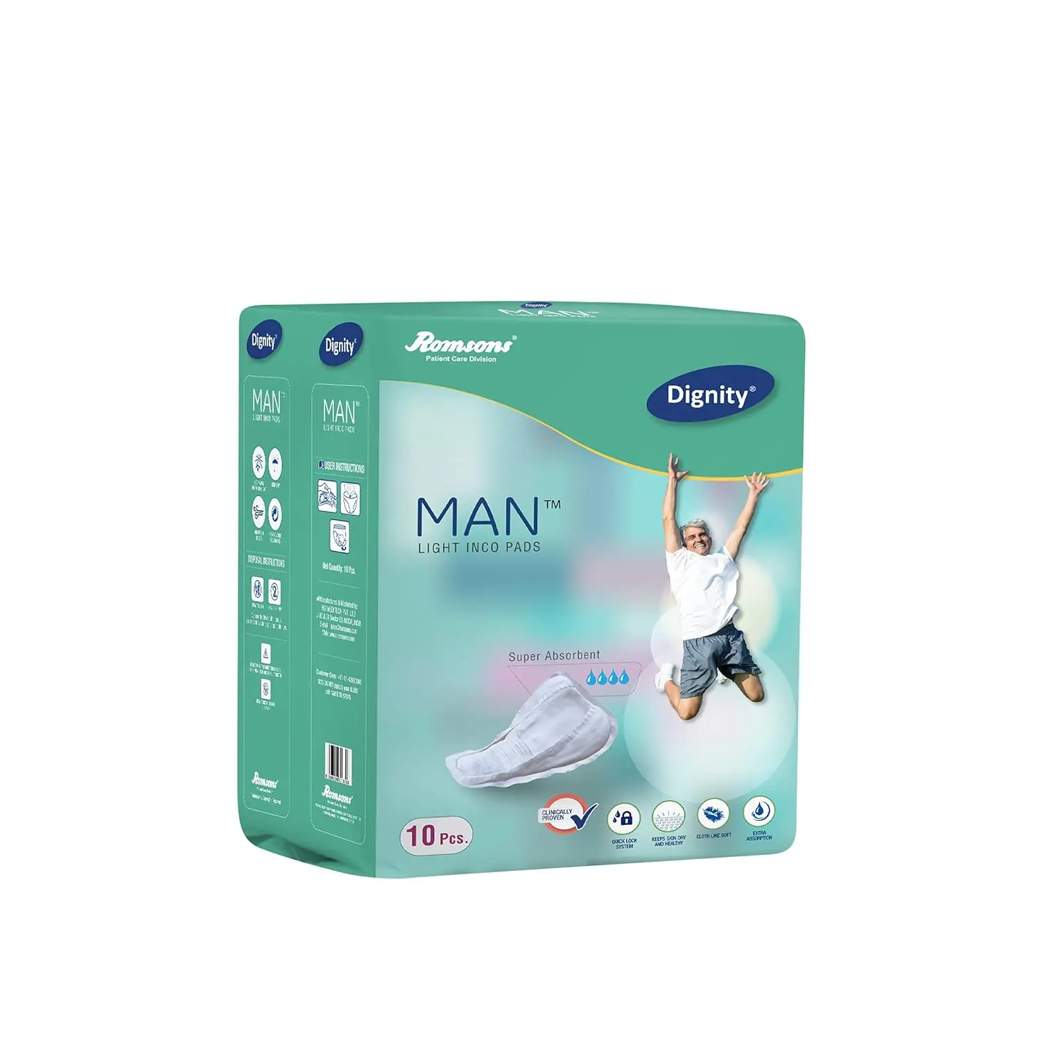 Dignity Man Light Incontinence Pads provide discreet and comfortable leakage protection for men with light urine loss, featuring odor control, an antibacterial finish, and a secure adhesive strip for a perfect fit.