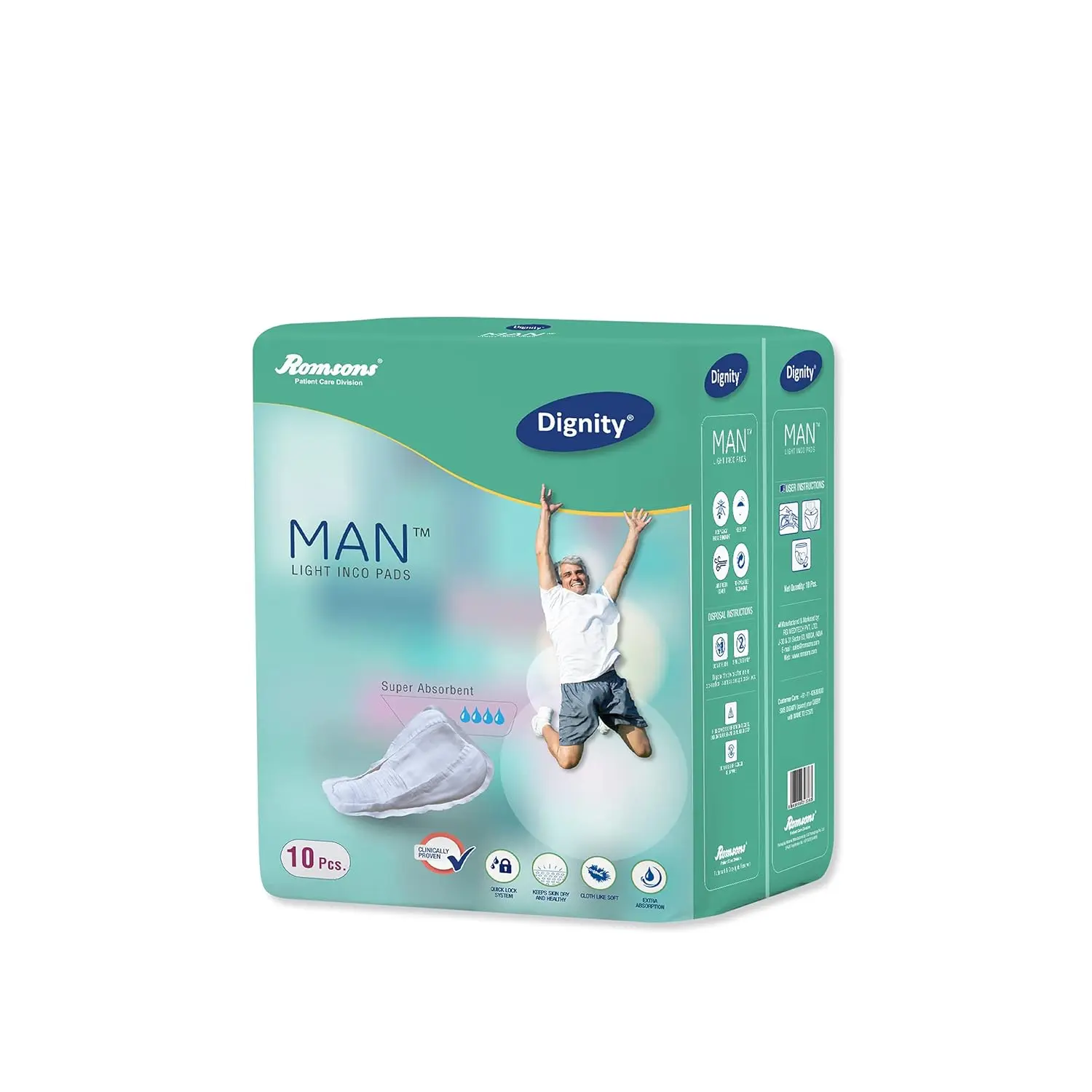 Dignity Man Light Incontinence Pads provide discreet and comfortable leakage protection for men with light urine loss, featuring odor control, an antibacterial finish, and a secure adhesive strip for a perfect fit.