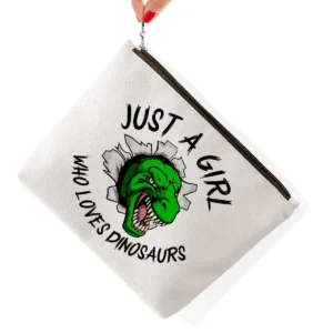 Linen dinosaur makeup bag with colorful print, perfect gift for women and dinosaur enthusiasts, sized 9.8x7x2.5 inches.