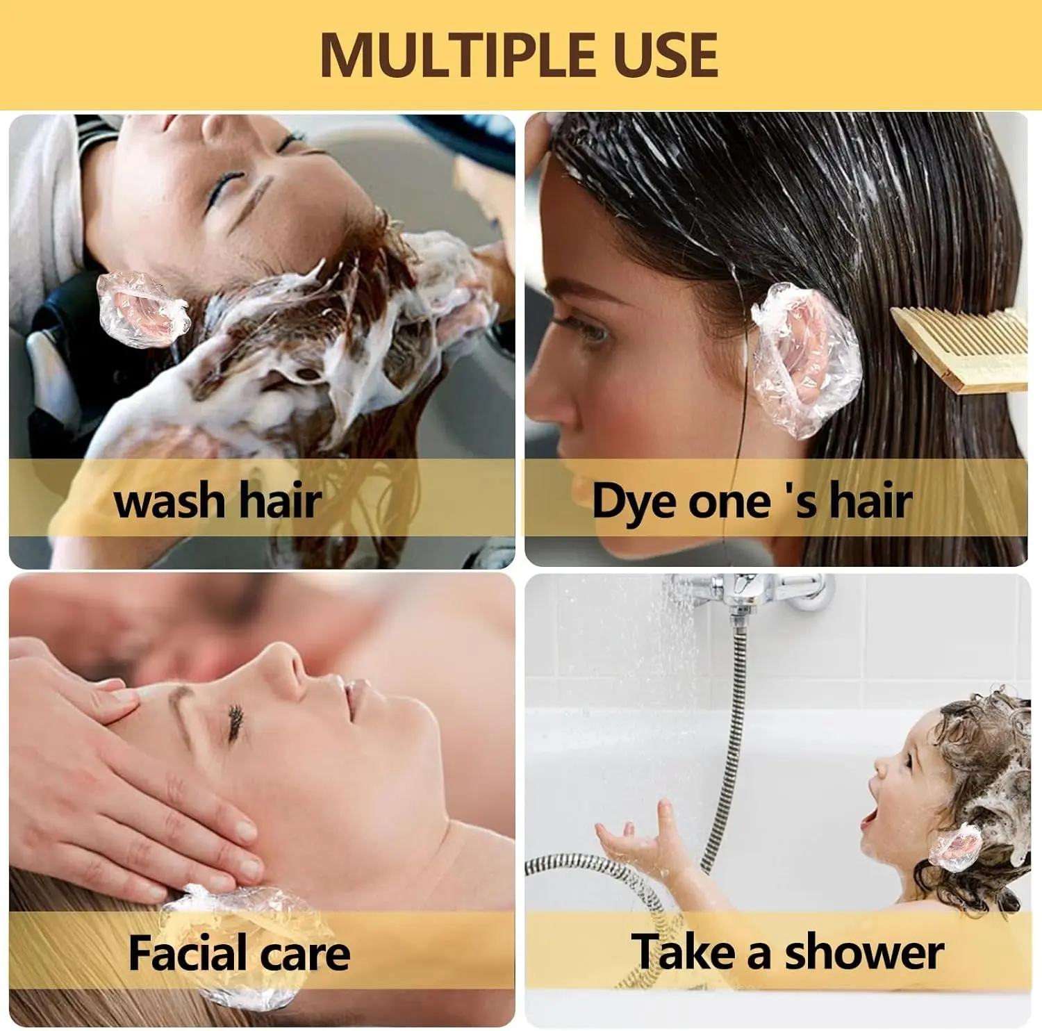 Two hundred clear disposable ear covers made of waterproof PE material, ideal for protecting ears during showers, hair dyeing, and salon treatments.