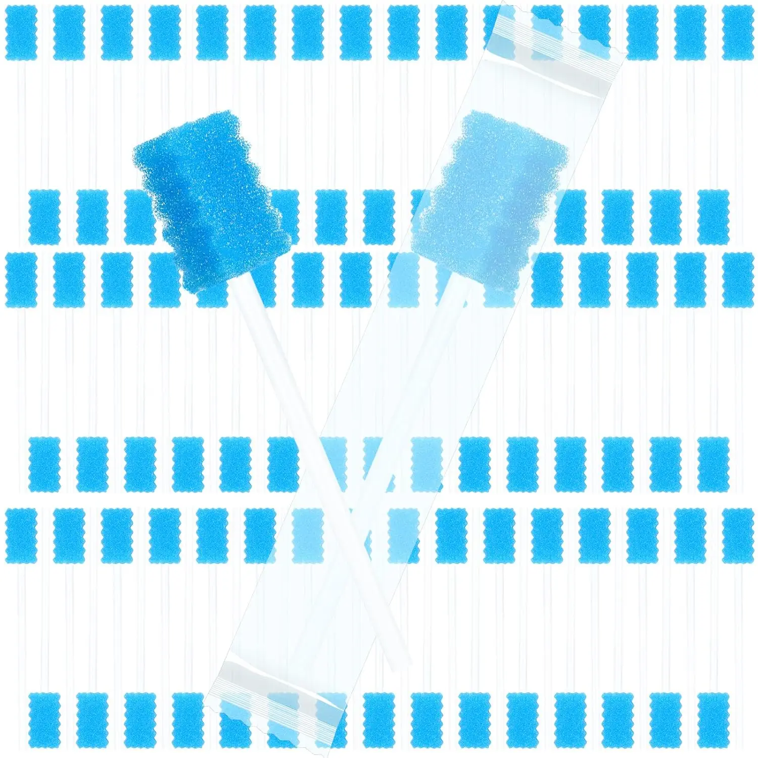 This image shows a bulk pack of 500 individually wrapped blue disposable oral swabs with soft sponge tips and strong PP handles for easy and safe mouth cleaning.