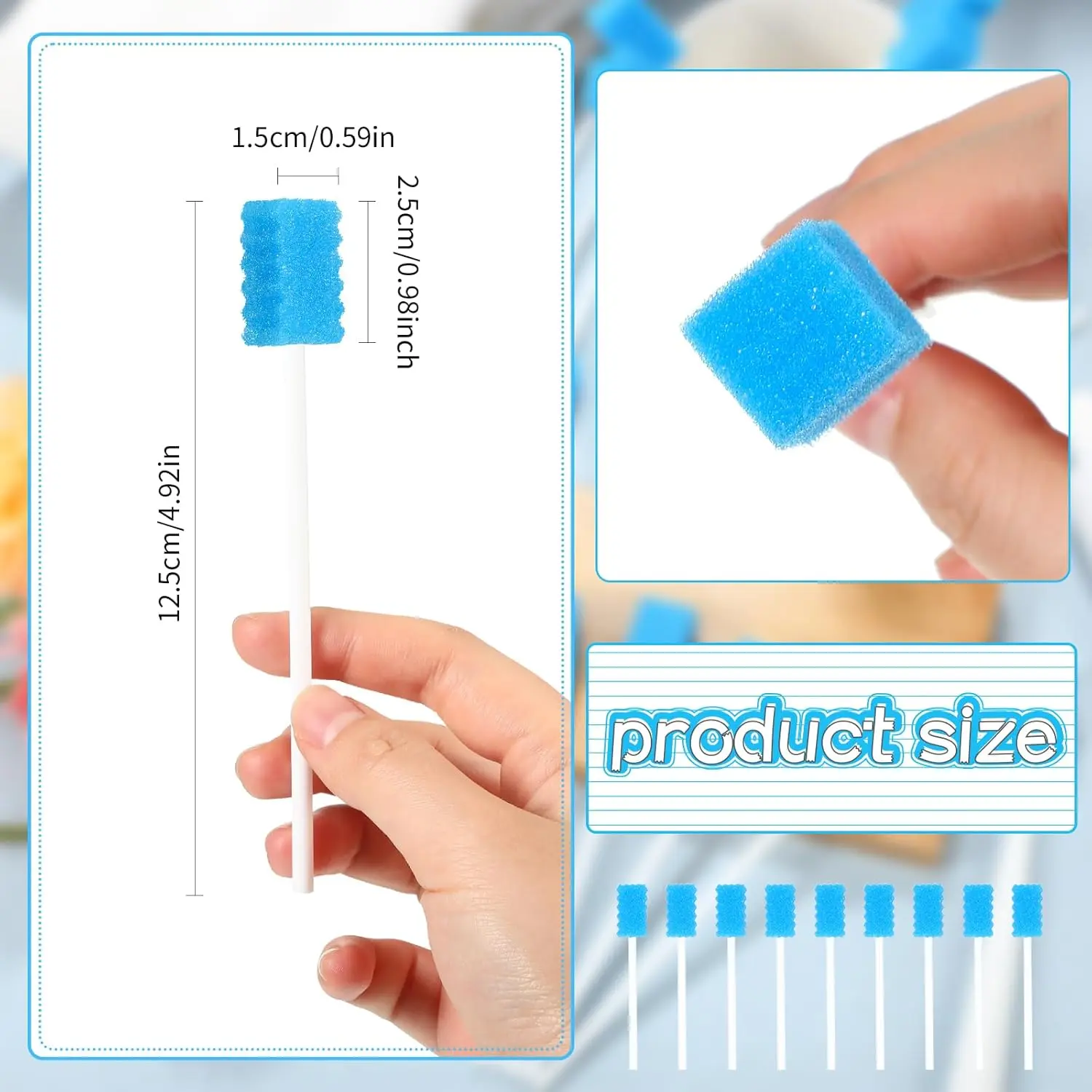 This image shows a bulk pack of 500 individually wrapped blue disposable oral swabs with soft sponge tips and strong PP handles for easy and safe mouth cleaning.