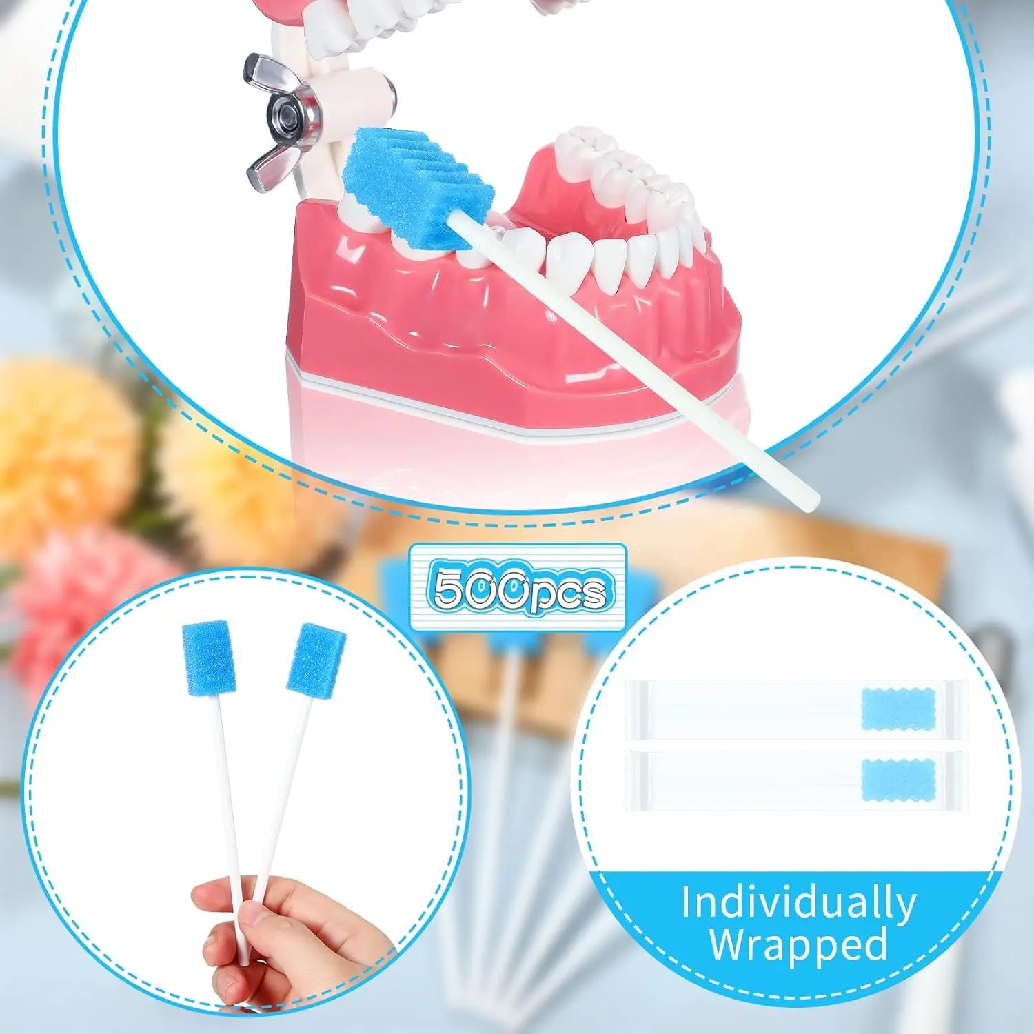 This image shows a bulk pack of 500 individually wrapped blue disposable oral swabs with soft sponge tips and strong PP handles for easy and safe mouth cleaning.