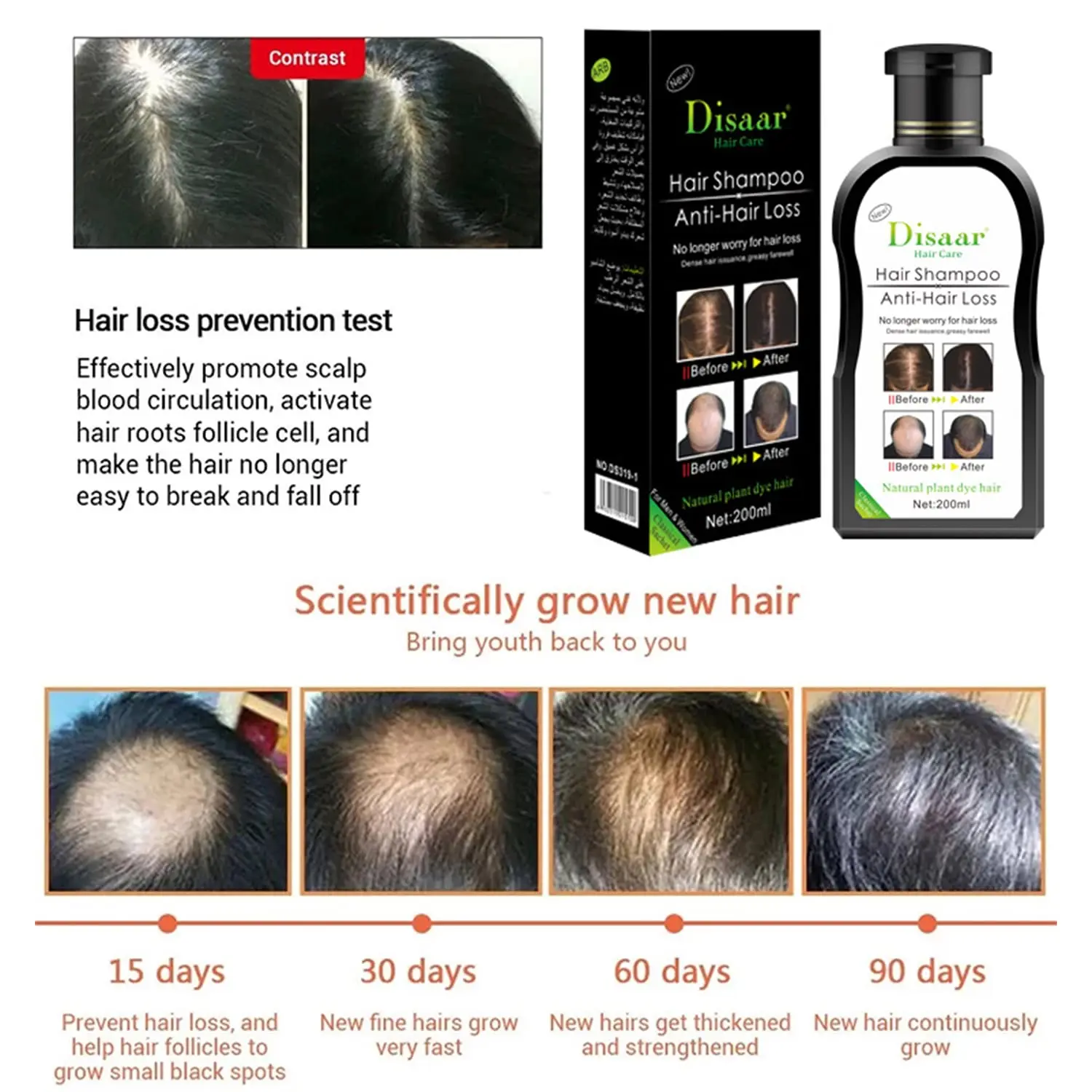 Dissar men's 200ml hair loss shampoo formulated with care and featuring growth serum in hygienic packing.