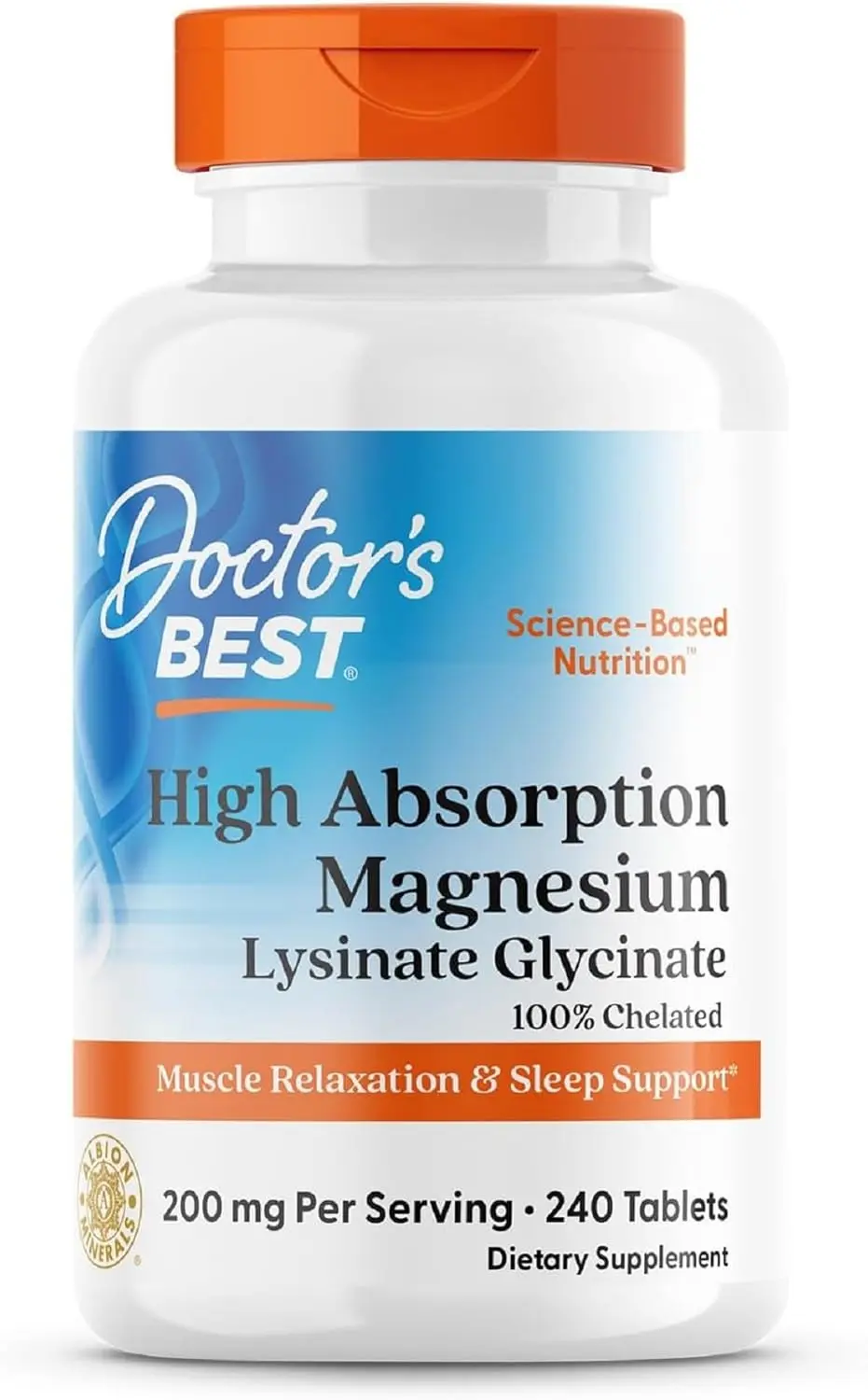 A bottle of Doctor's Best High Absorption Magnesium 100mg tablets, a unisex food supplement with 120 servings, 240 tablets in total.