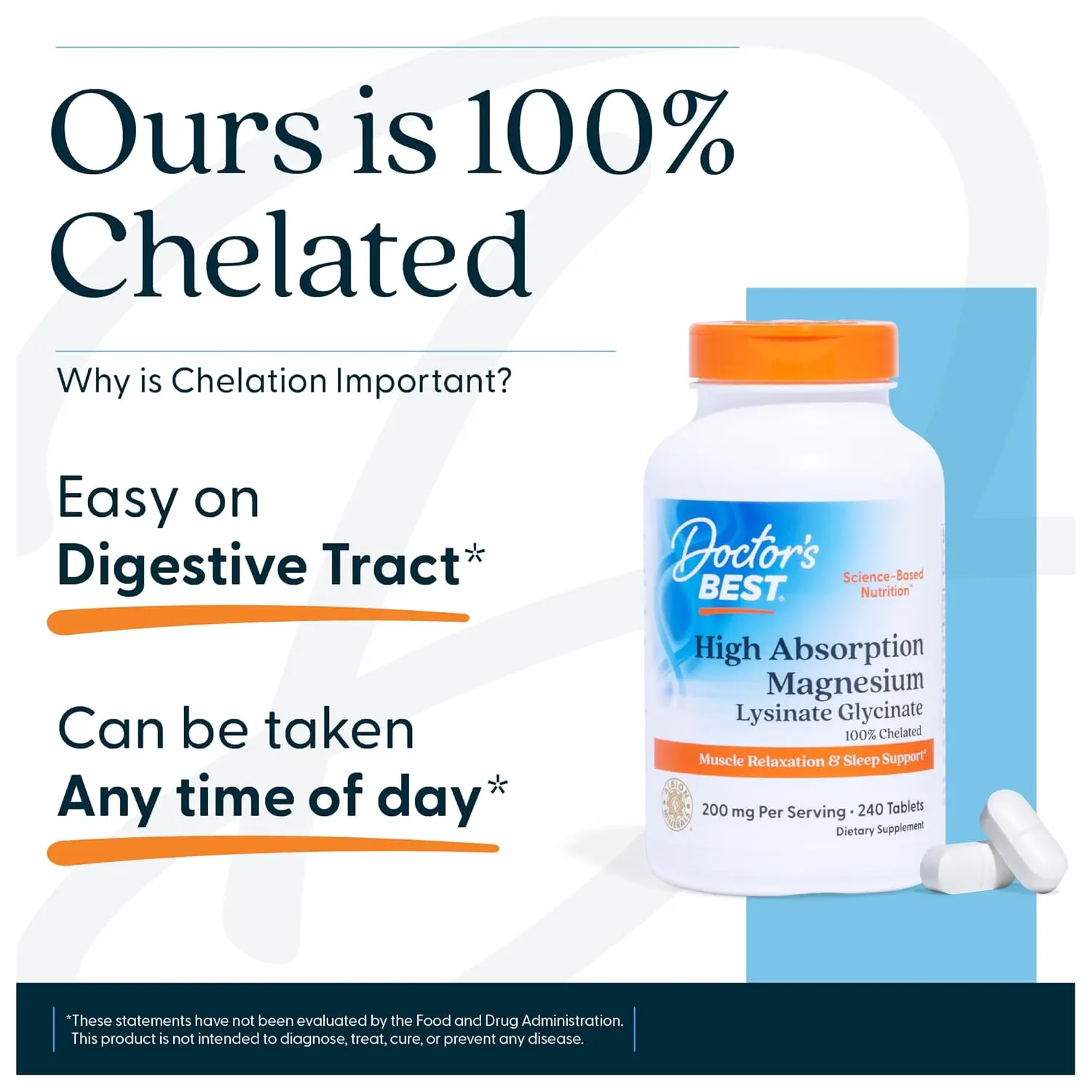 A bottle of Doctor's Best High Absorption Magnesium 100mg tablets, a unisex food supplement with 120 servings, 240 tablets in total.