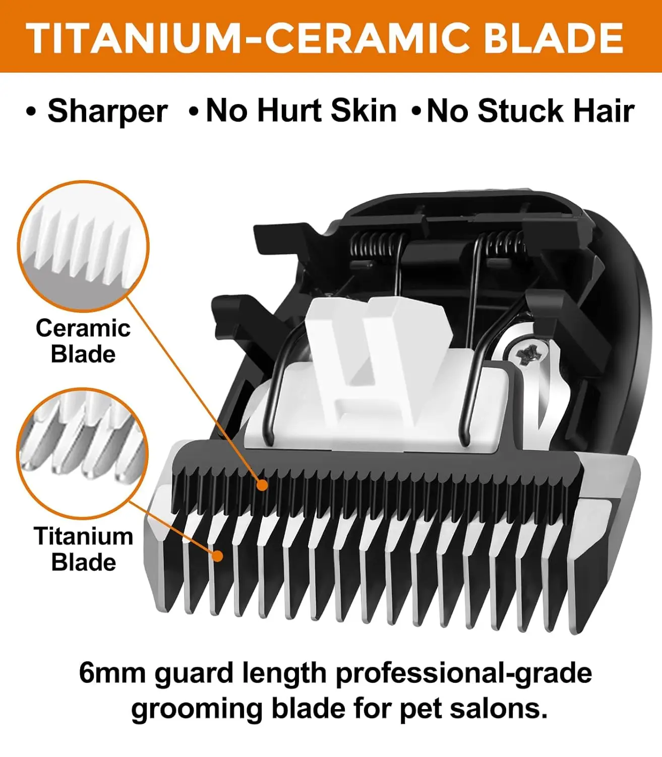 Two-piece replacement dog clipper blade set with 3mm and 6mm guard lengths, featuring sharp titanium-ceramic blades for low-noise and precise grooming.