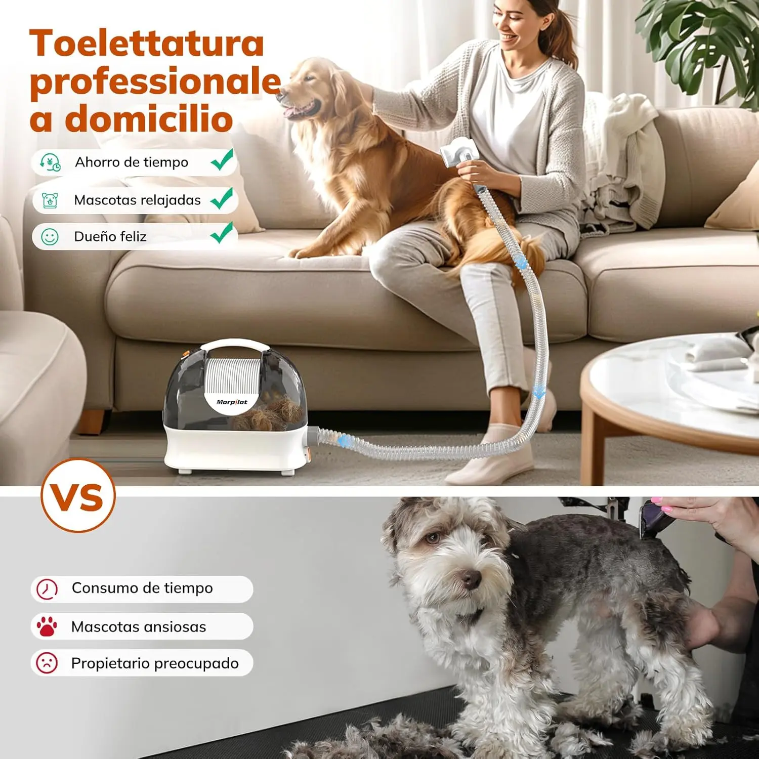 Morpilot dog clipper vacuum kit with powerful 12000 Pa suction, designed to effortlessly remove 99% of loose pet hair during grooming for a comfortable and clean experience.