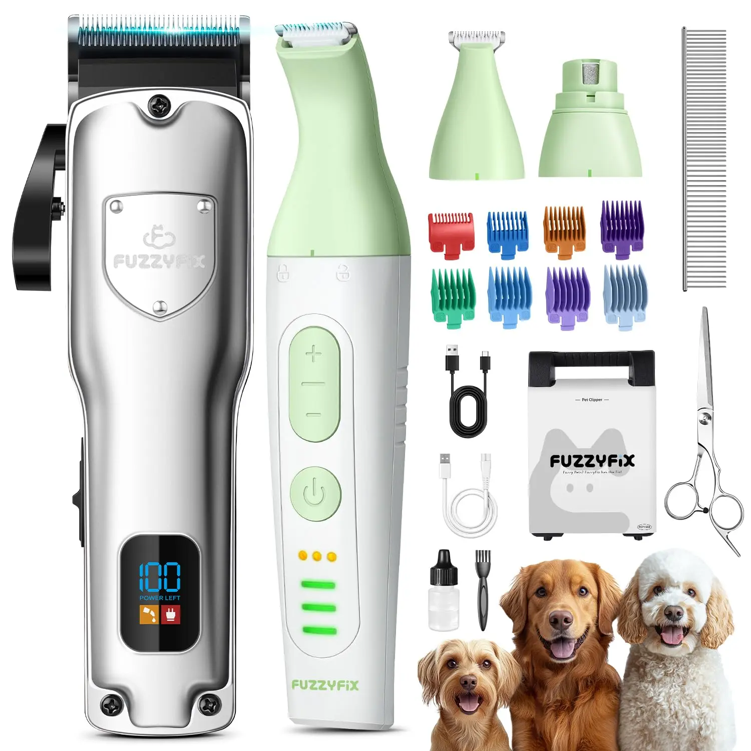 Rechargeable cordless dog clippers with ceramic blade and two speeds for grooming small and large dogs with thick hair, stored in a convenient case.