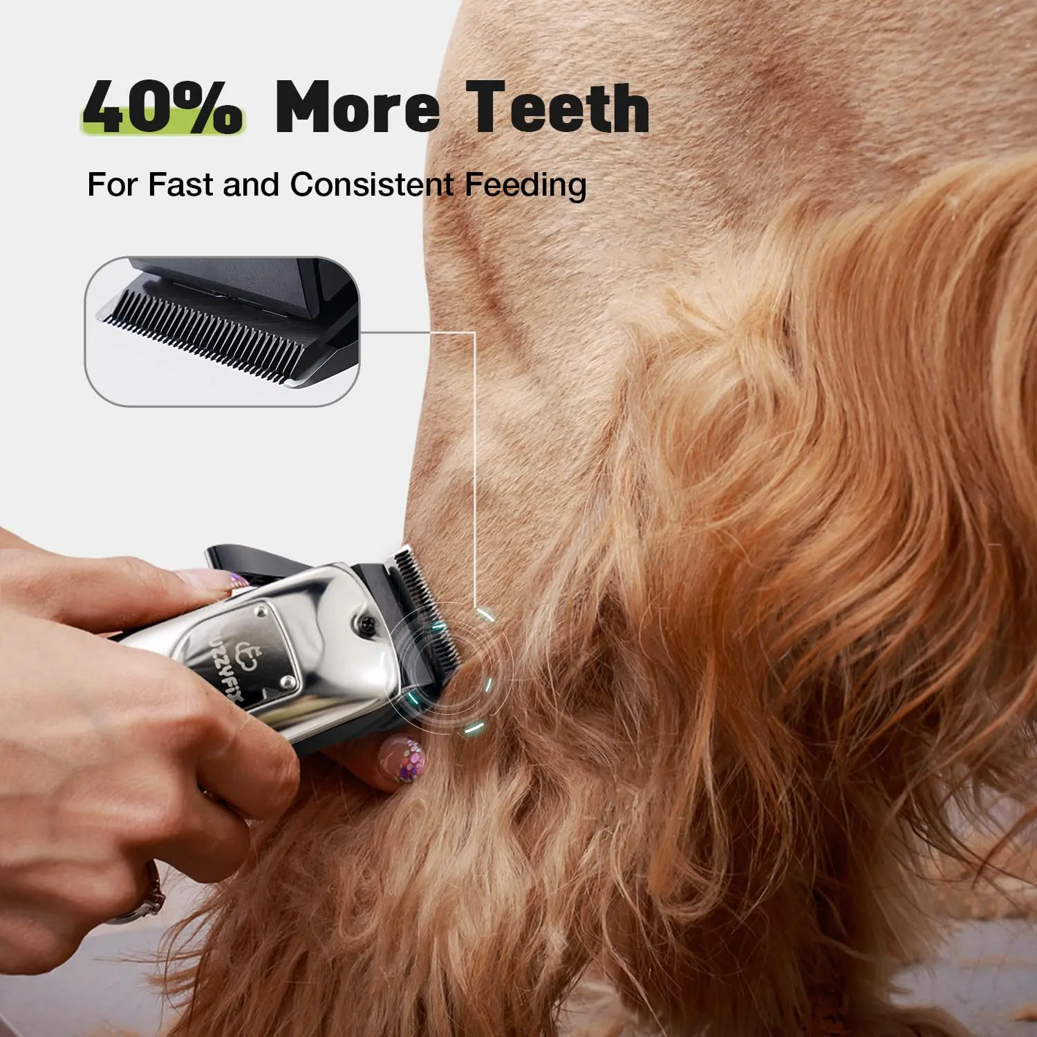 Rechargeable cordless dog clippers with ceramic blade and two speeds for grooming small and large dogs with thick hair, stored in a convenient case.