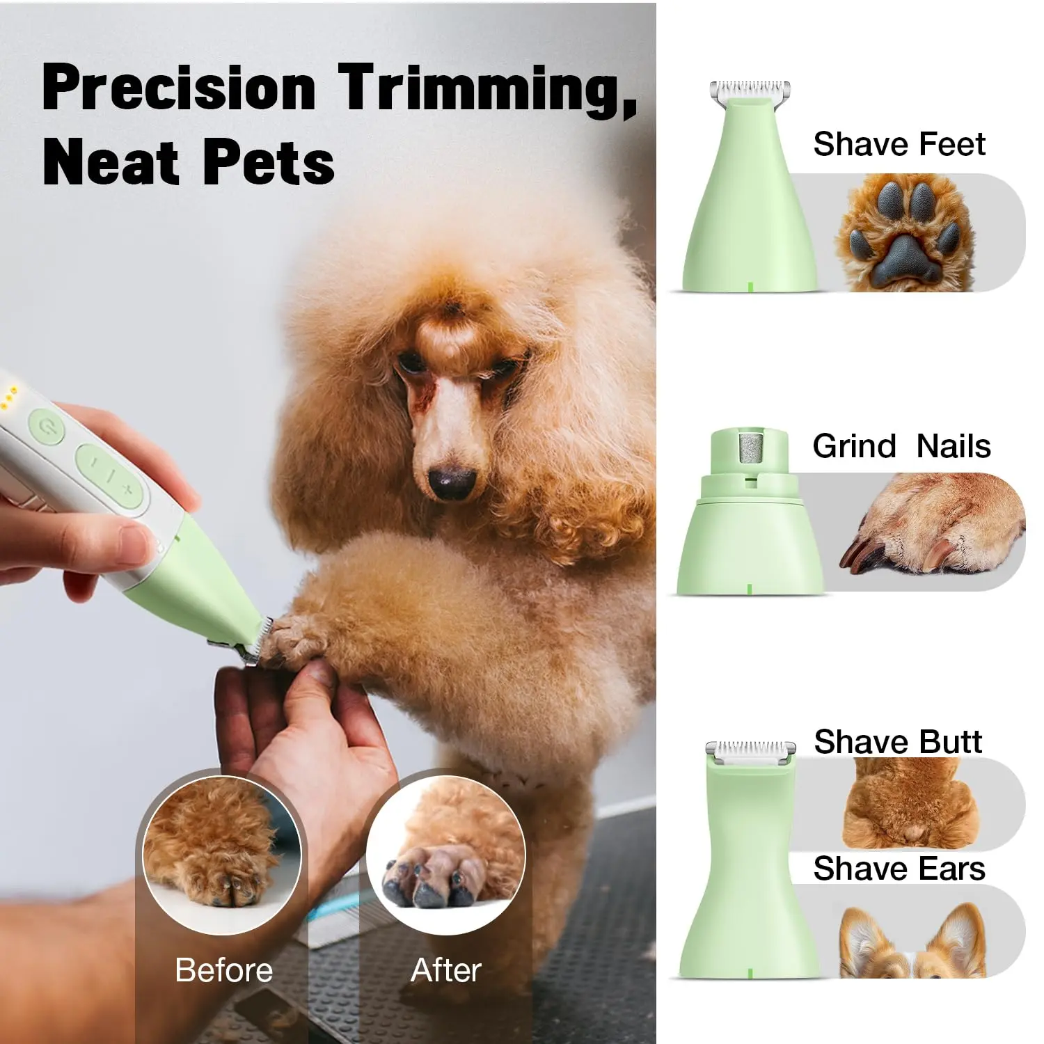 Rechargeable cordless dog clippers with ceramic blade and two speeds for grooming small and large dogs with thick hair, stored in a convenient case.