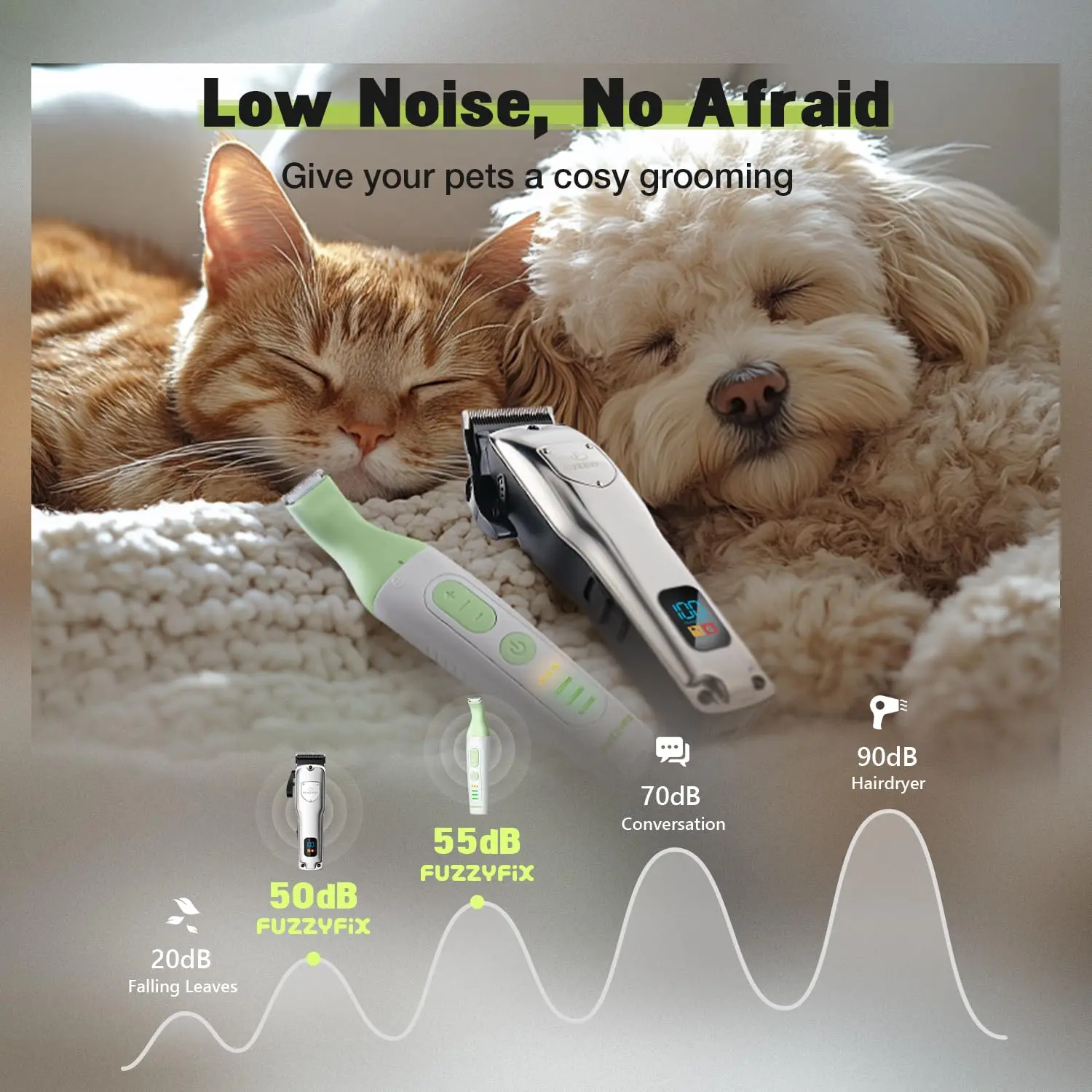 Rechargeable cordless dog clippers with ceramic blade and two speeds for grooming small and large dogs with thick hair, stored in a convenient case.