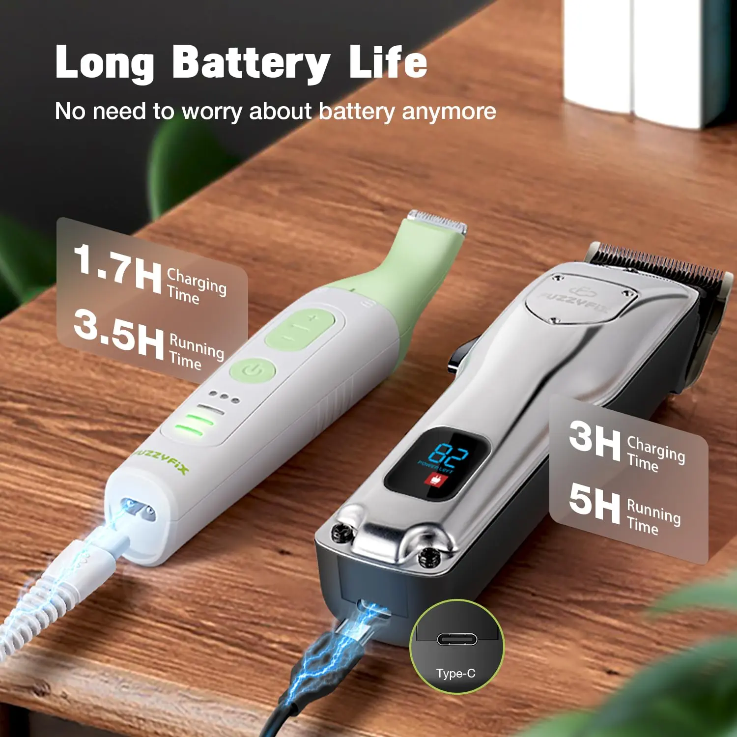 Rechargeable cordless dog clippers with ceramic blade and two speeds for grooming small and large dogs with thick hair, stored in a convenient case.