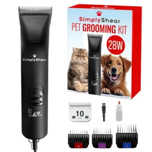 This dog grooming kit features quiet, high-performance clippers with stainless steel blades and guide combs, designed for safe and easy at-home pet grooming.
