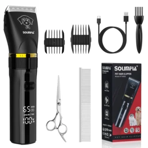 Cordless dog clippers grooming kit with LCD display, low noise, and rechargeable battery for trimming dogs, cats, and other pets.