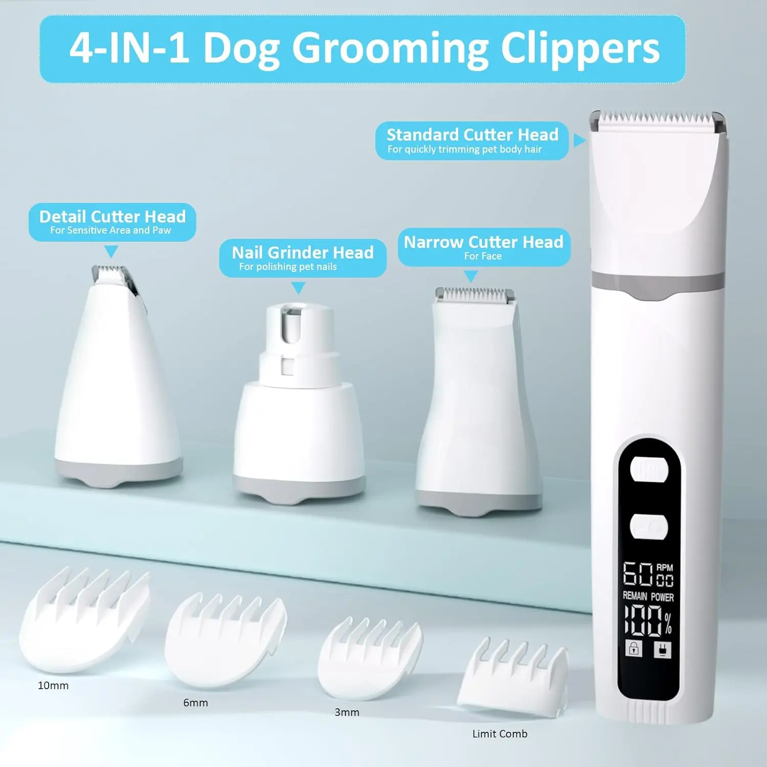 This all-in-one dog grooming kit includes a cordless, low-noise trimmer with multiple heads for body, paw, and nail grooming, plus an LED screen for battery display, making it perfect for safe and easy pet hair trimming.