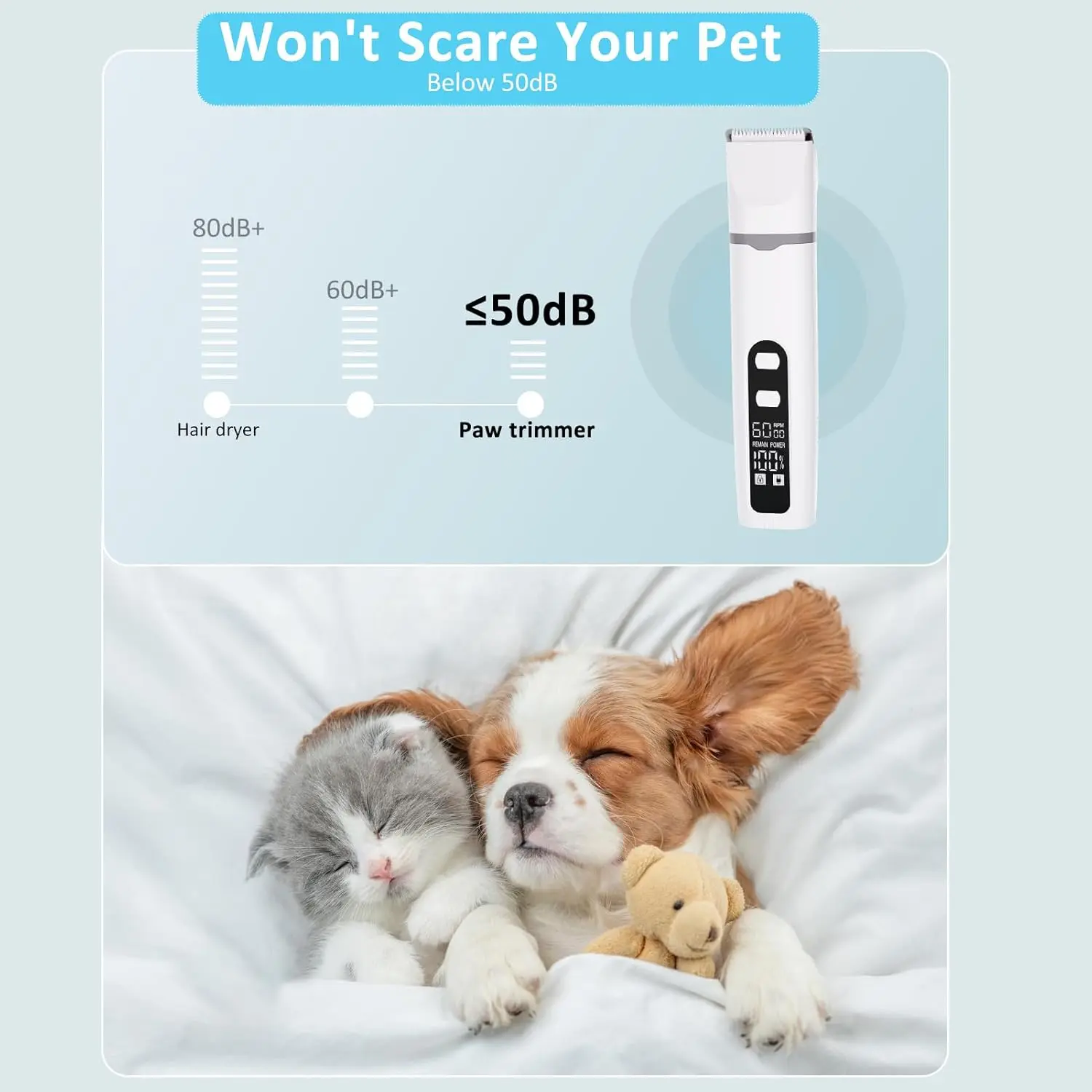 This all-in-one dog grooming kit includes a cordless, low-noise trimmer with multiple heads for body, paw, and nail grooming, plus an LED screen for battery display, making it perfect for safe and easy pet hair trimming.