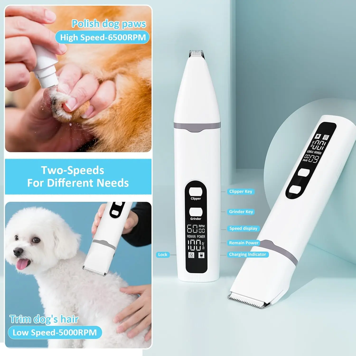This all-in-one dog grooming kit includes a cordless, low-noise trimmer with multiple heads for body, paw, and nail grooming, plus an LED screen for battery display, making it perfect for safe and easy pet hair trimming.