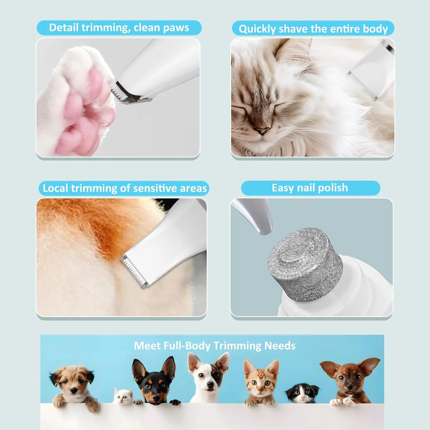 This all-in-one dog grooming kit includes a cordless, low-noise trimmer with multiple heads for body, paw, and nail grooming, plus an LED screen for battery display, making it perfect for safe and easy pet hair trimming.