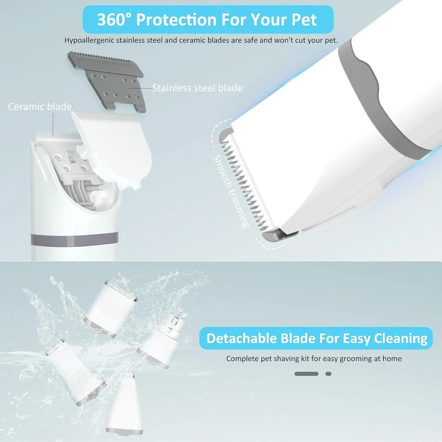 This all-in-one dog grooming kit includes a cordless, low-noise trimmer with multiple heads for body, paw, and nail grooming, plus an LED screen for battery display, making it perfect for safe and easy pet hair trimming.