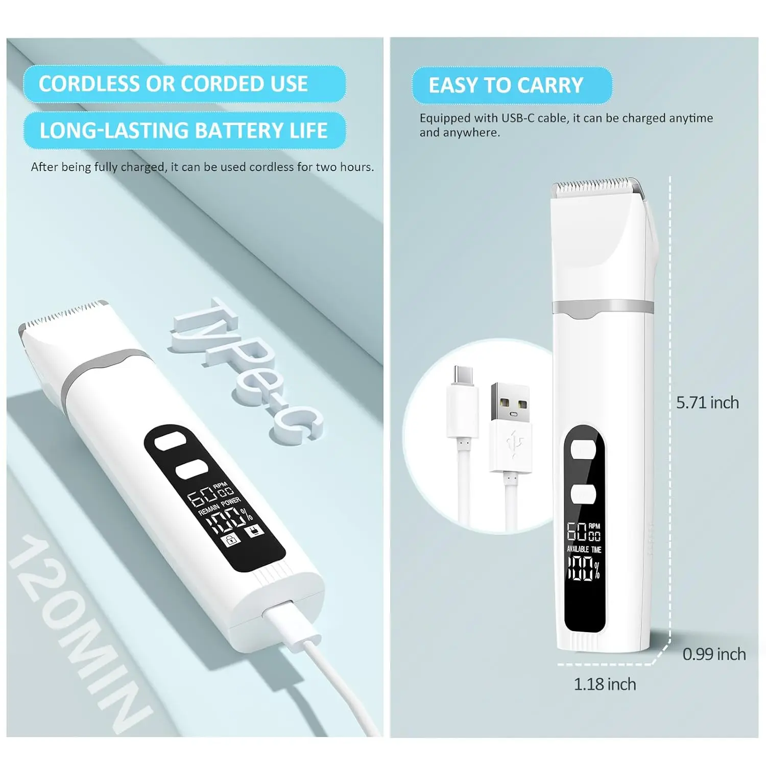 This all-in-one dog grooming kit includes a cordless, low-noise trimmer with multiple heads for body, paw, and nail grooming, plus an LED screen for battery display, making it perfect for safe and easy pet hair trimming.