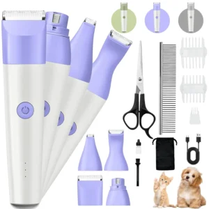 Purple 4-in-1 dog grooming kit with clippers, paw trimmer, and nail grinder for small dogs and cats, featuring low noise and cordless design.