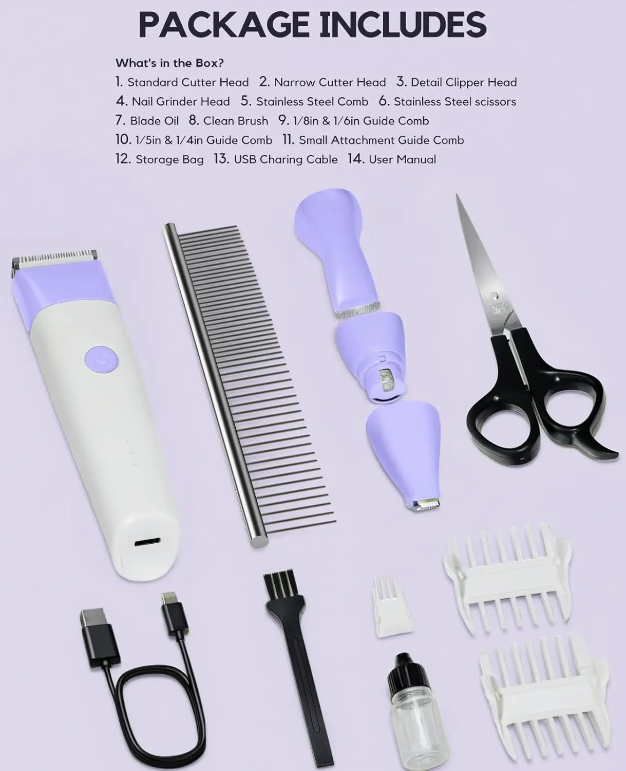 Purple 4-in-1 dog grooming kit with clippers, paw trimmer, and nail grinder for small dogs and cats, featuring low noise and cordless design.