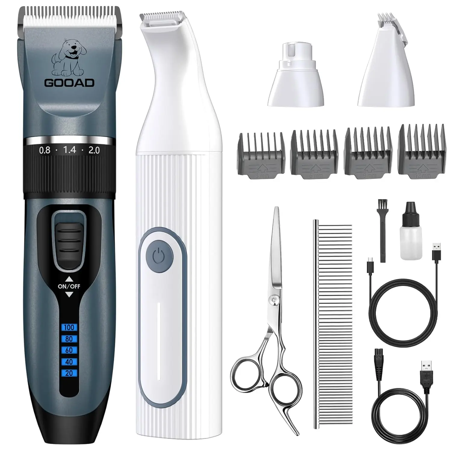 Complete dog grooming kit with low noise clippers, rechargeable paw trimmer, nail grinder and other accessories for trimming thick hair and coats on small and large dogs and cats.